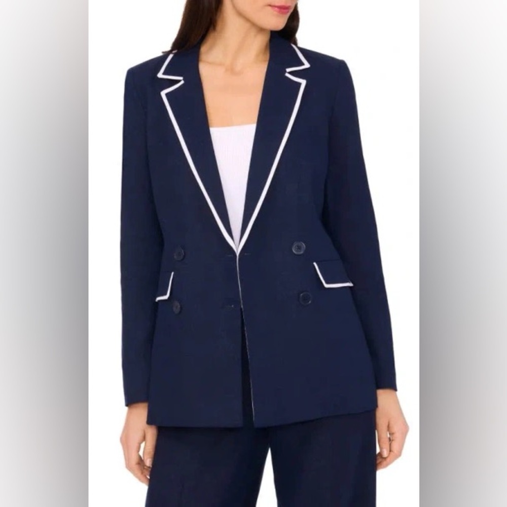 Halogen Navy Linen-Rayon Blazer with Contrast Piping